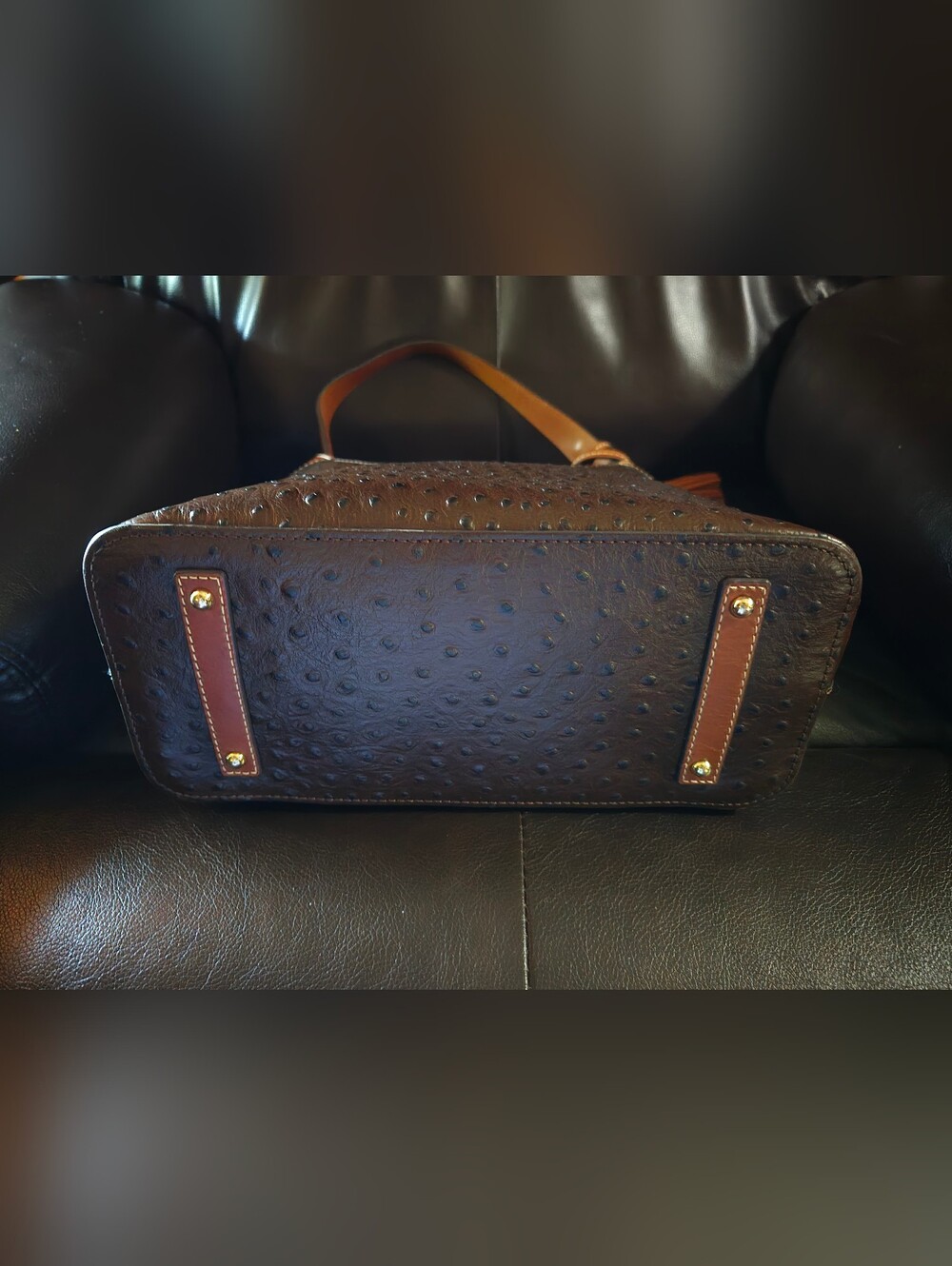 Dooney and Bourke Brown Ostrich Shoulder Bag with Tassel Accent - Picture 3 of 6